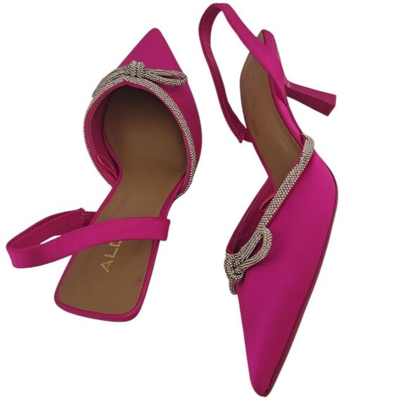 New- Aldo Pink Satin Effect Crystal Rhinestone Bow Slingback LacqueredHeels - Picture 10 of 12